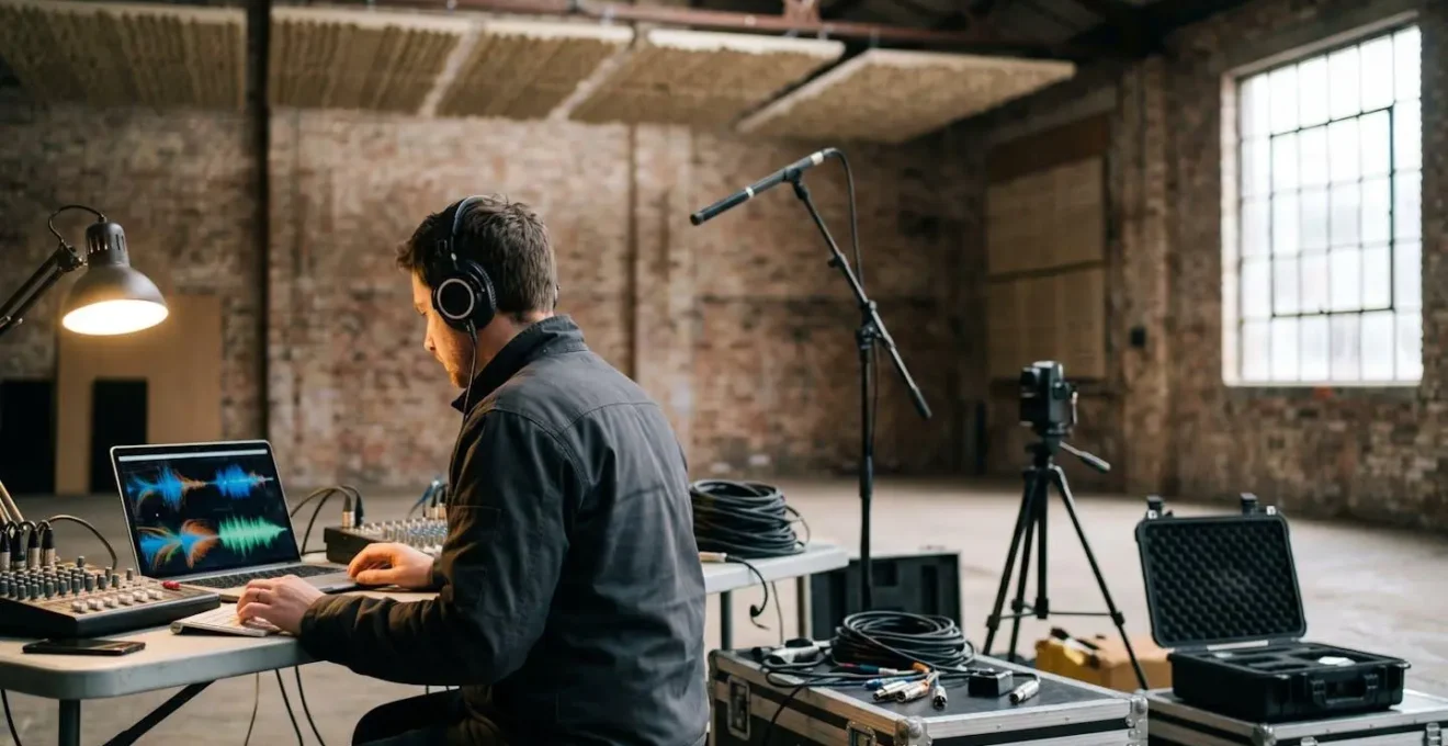 Acoustic testing equipment setup in converted venue space