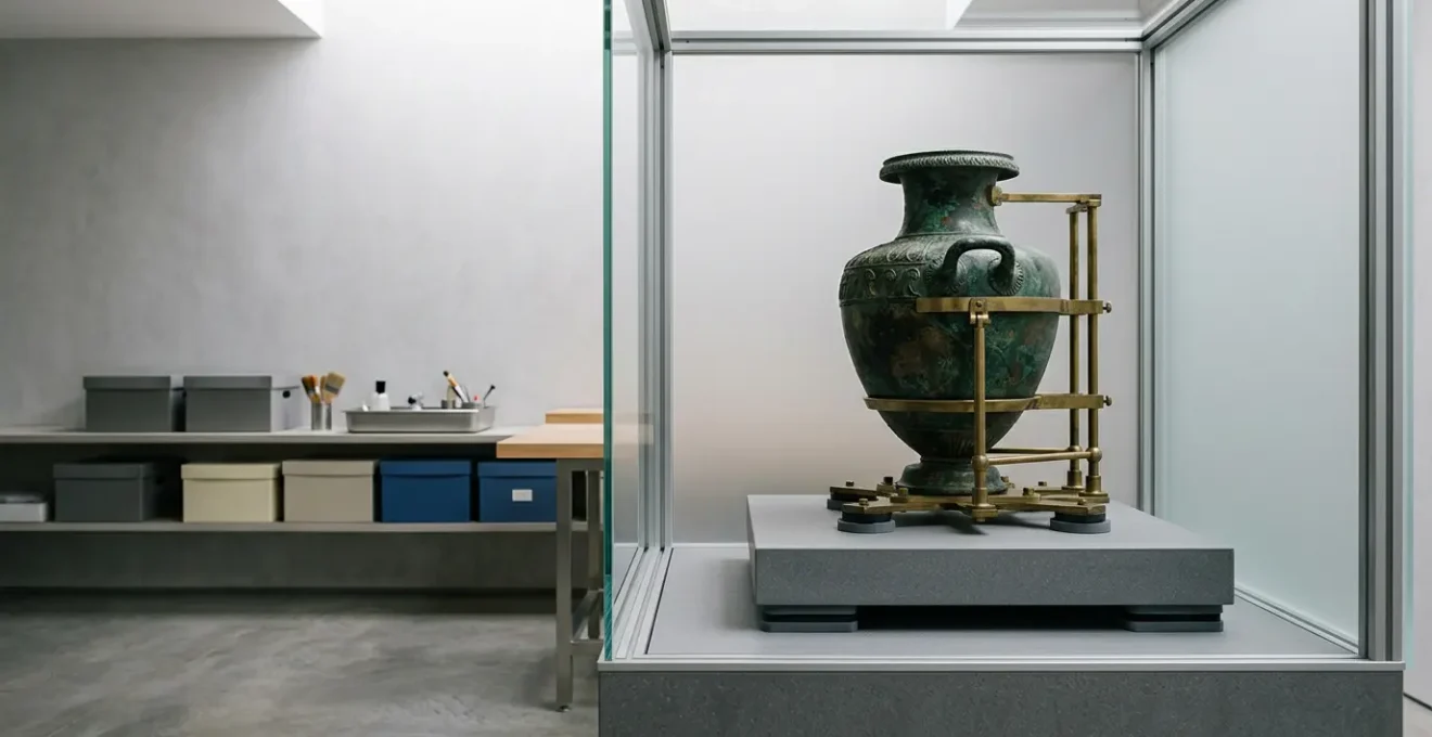 Museum conservation workspace showing bronze artifact on custom brass mounting system with vibration isolation base