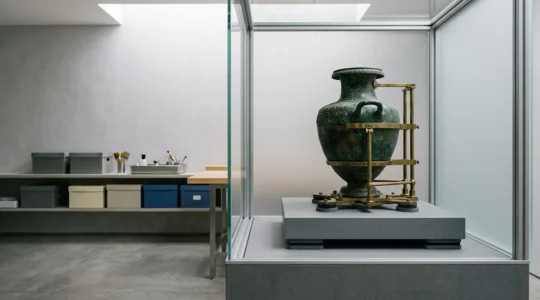 Museum conservation workspace showing bronze artifact on custom brass mounting system with vibration isolation base