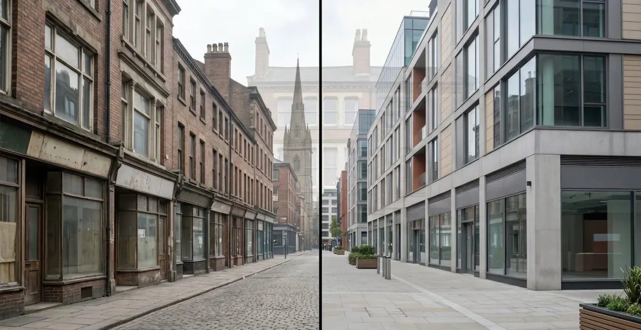 Split-screen comparison showing a Manchester street scene with highlighted reference points like church spires and rooflines