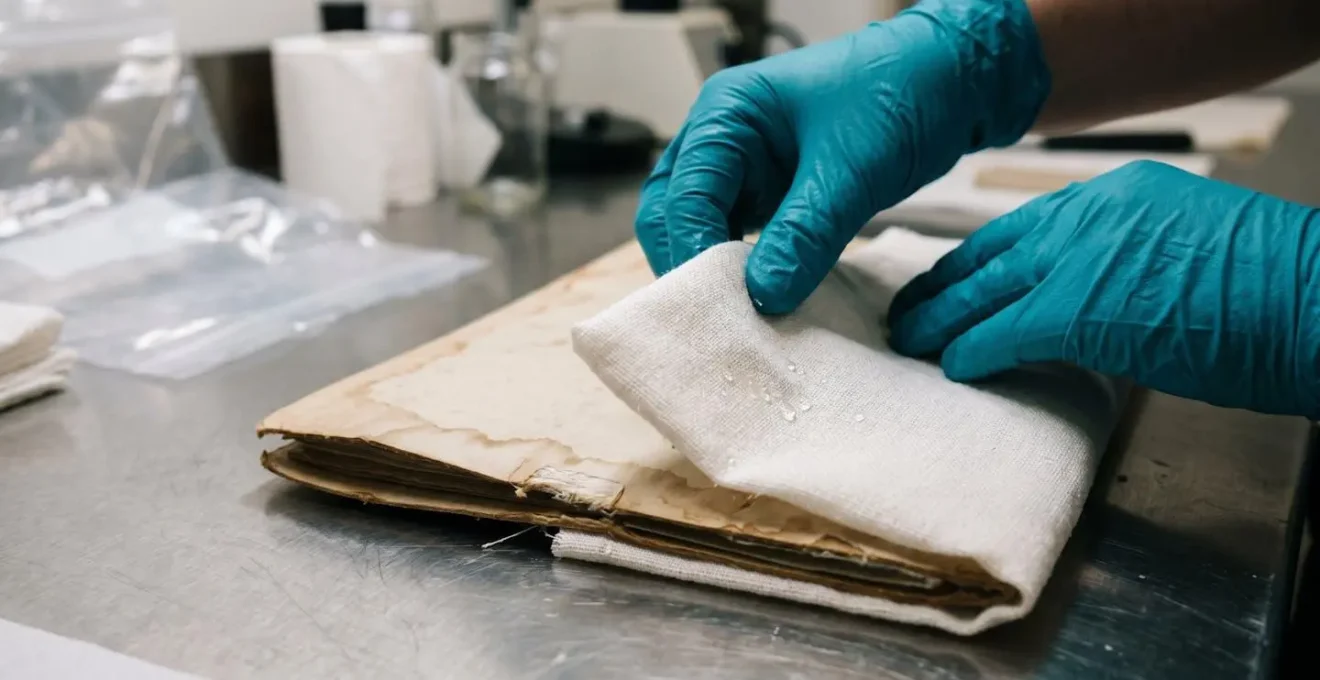 Conservator carefully wrapping water-damaged archival documents in protective cotton fabric before emergency freezing