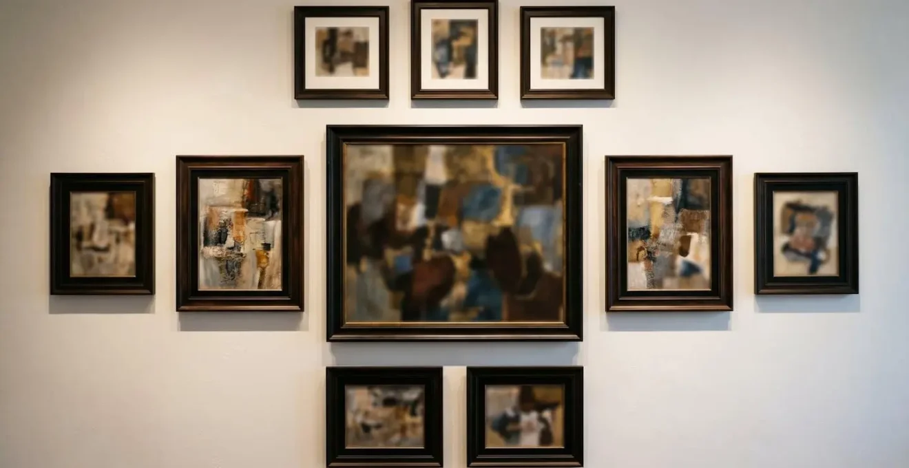 A thoughtfully curated art collection on a gallery wall, showing an anchor piece with smaller satellite works creating a cohesive theme.