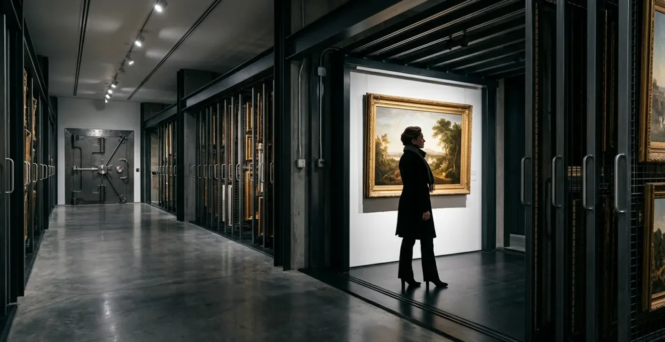 Art collector carefully examining a valuable masterpiece in a secure climate-controlled vault with sophisticated security systems