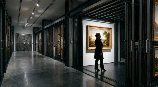 Art collector carefully examining a valuable masterpiece in a secure climate-controlled vault with sophisticated security systems