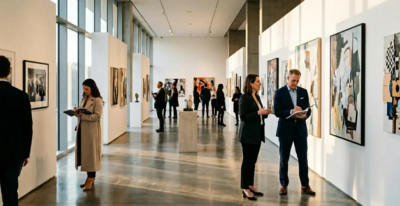 Art collectors evaluating emerging artists' works at a graduate exhibition