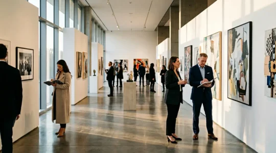Art collectors evaluating emerging artists' works at a graduate exhibition