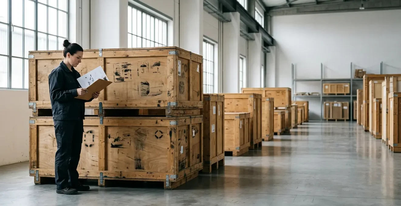 Art gallery professional examining customs documentation with fine art crates in background