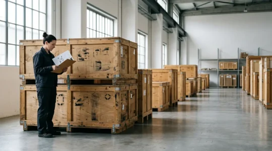 Art gallery professional examining customs documentation with fine art crates in background