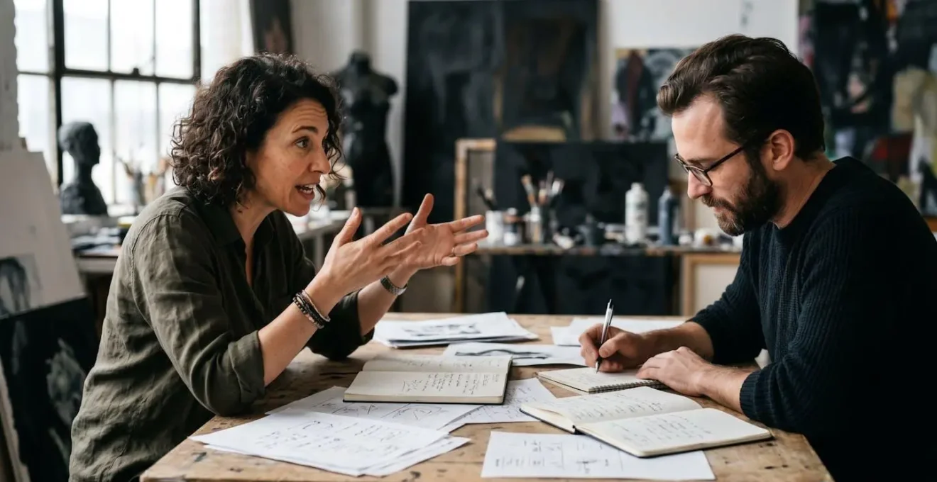 Intense discussion between artist and collector in a minimalist studio setting, focused on conceptual diagrams.