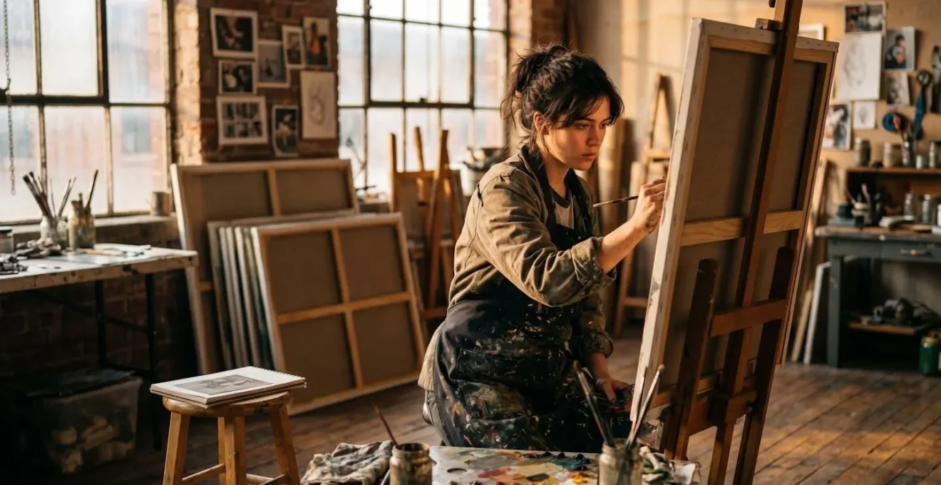 Professional artist's working studio showing organized creative process