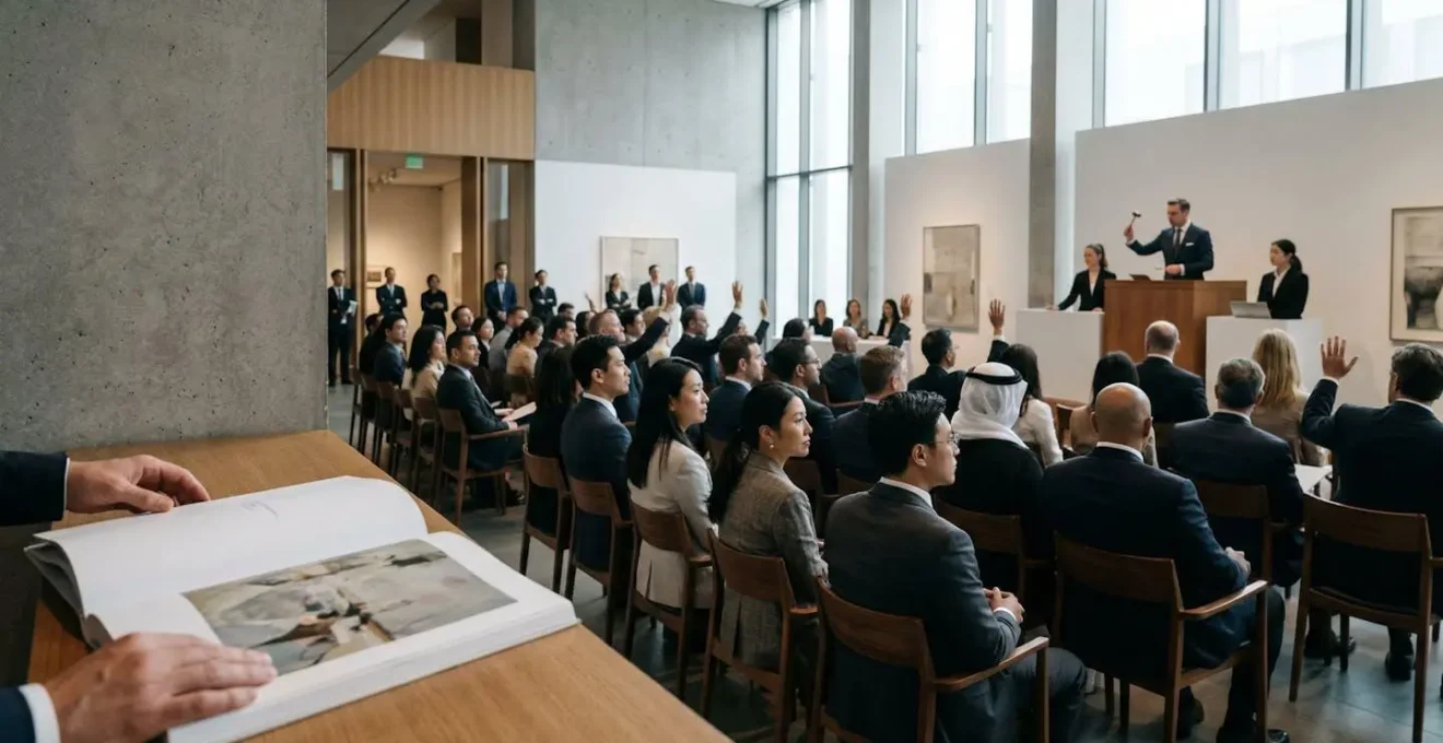 Professional art auction scene capturing the convergence of global collectors in sophisticated bidding environment