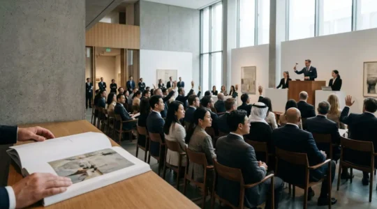 Professional art auction scene capturing the convergence of global collectors in sophisticated bidding environment