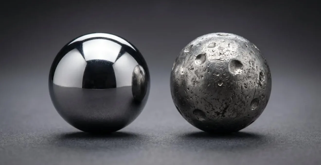 Detailed macro view comparing worn and pristine ball bearings from kinetic sculpture mechanisms