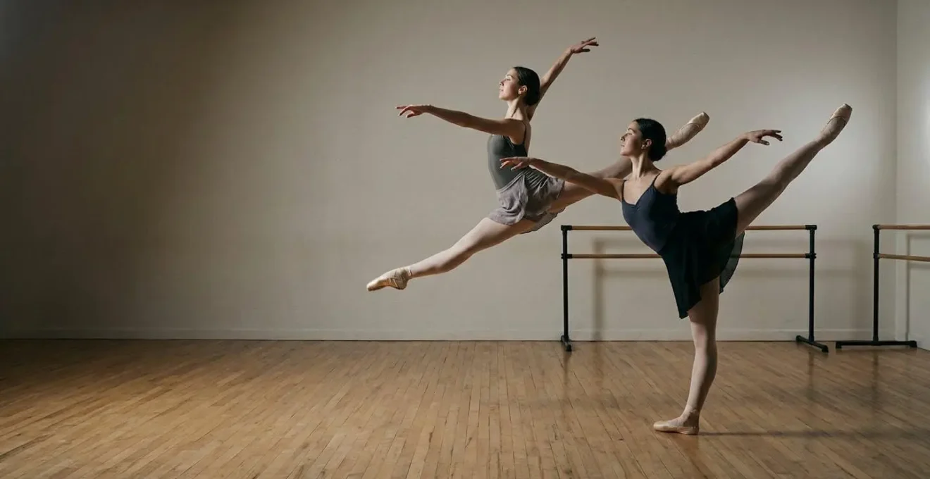 Professional ballet dancers performing choreographed sequence in dramatic studio lighting