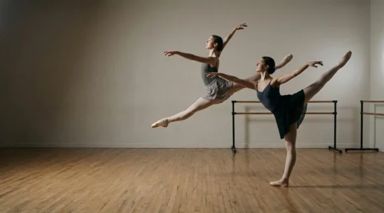 Professional ballet dancers performing choreographed sequence in dramatic studio lighting