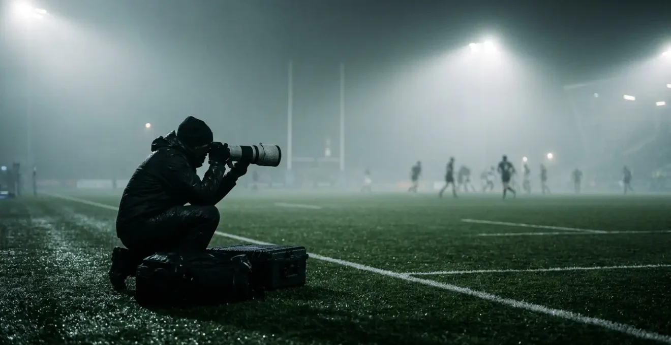 Sports photographer capturing rugby action during misty British winter evening