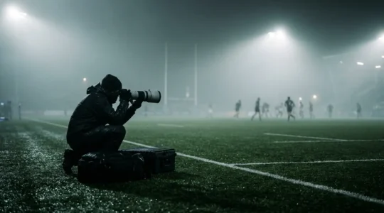 Sports photographer capturing rugby action during misty British winter evening