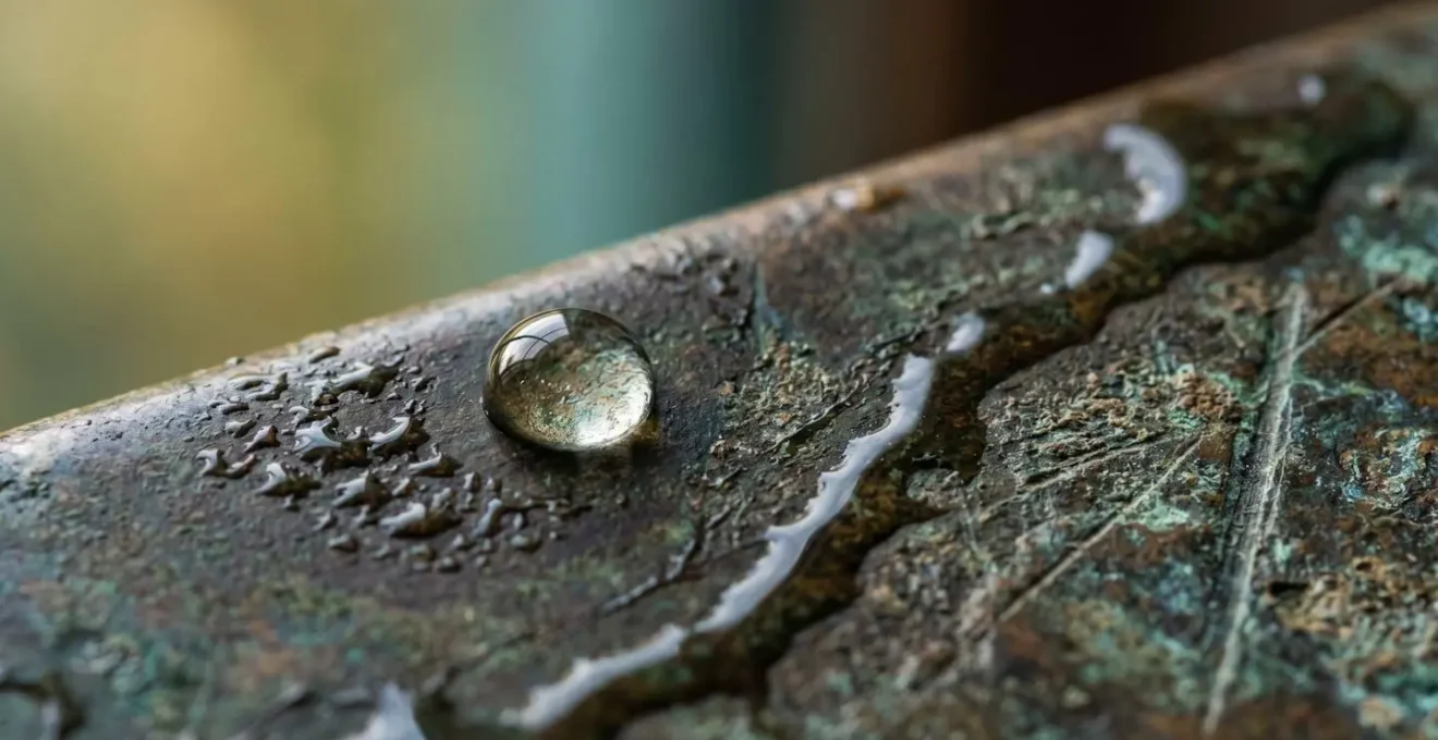 Macro shot of water droplets beading on properly waxed bronze surface showing healthy patina