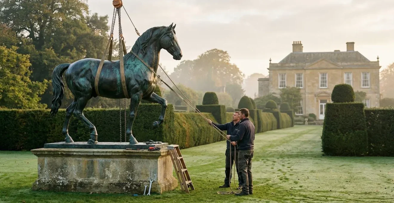 Bronze sculpture being installed on stone plinth in traditional English garden with Georgian manor in background