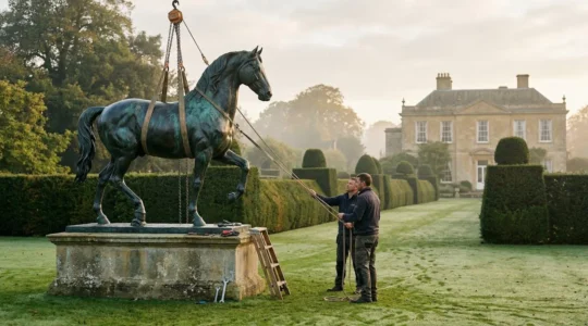 Bronze sculpture being installed on stone plinth in traditional English garden with Georgian manor in background