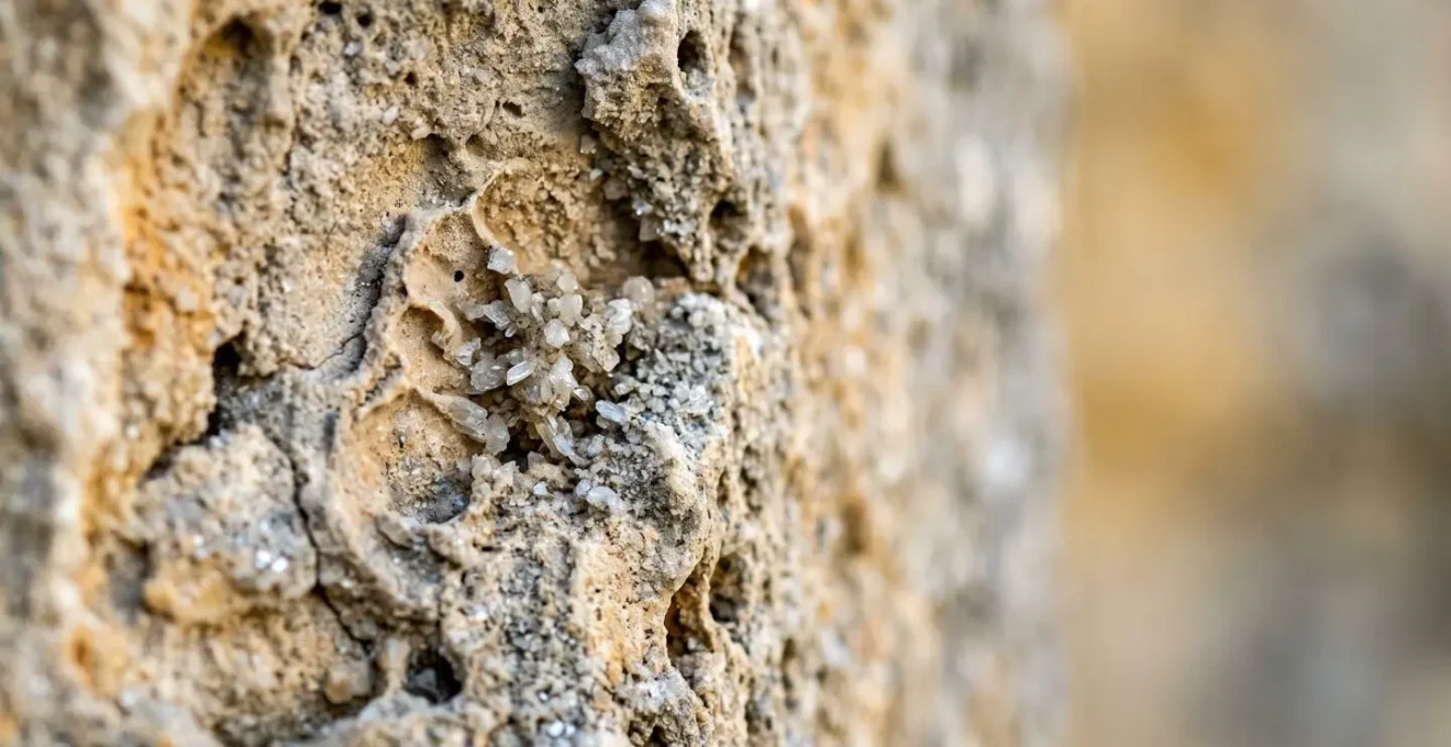 Extreme macro detail of aged limestone cathedral wall surface with intricate erosion patterns and mineral deposits revealing acoustic reflective properties