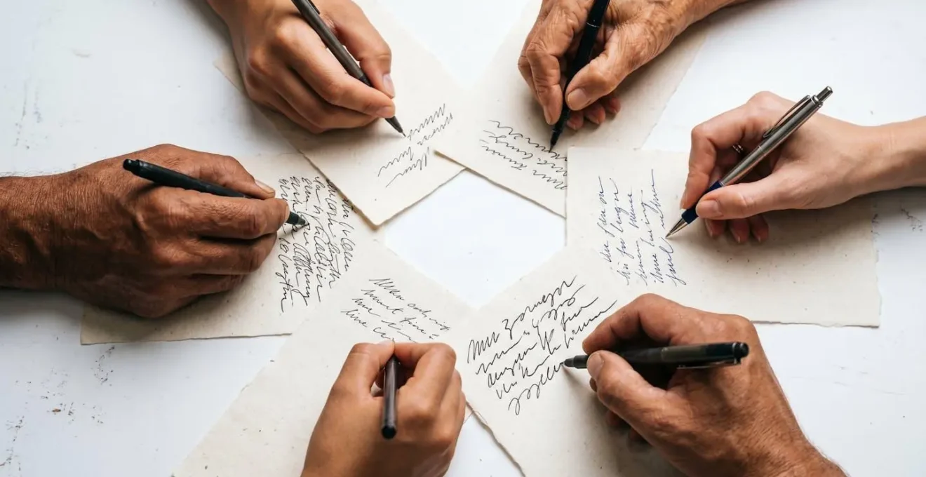 Five distinct hands writing on separate script pages showing unique character voices