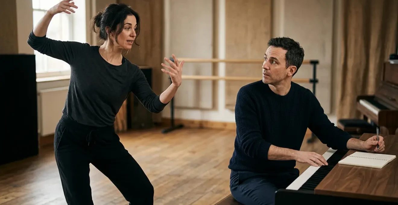 Two artists collaborating intimately in a creative studio environment working on original dance score