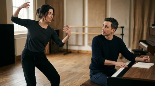 Two artists collaborating intimately in a creative studio environment working on original dance score