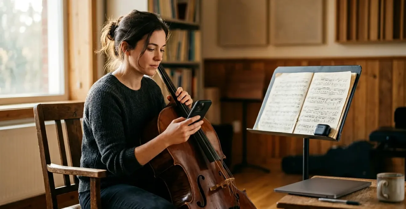 Classical musician engaging with digital content creation in modern artistic setting