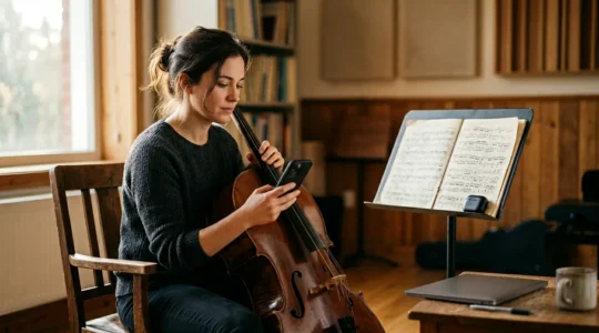 Classical musician engaging with digital content creation in modern artistic setting