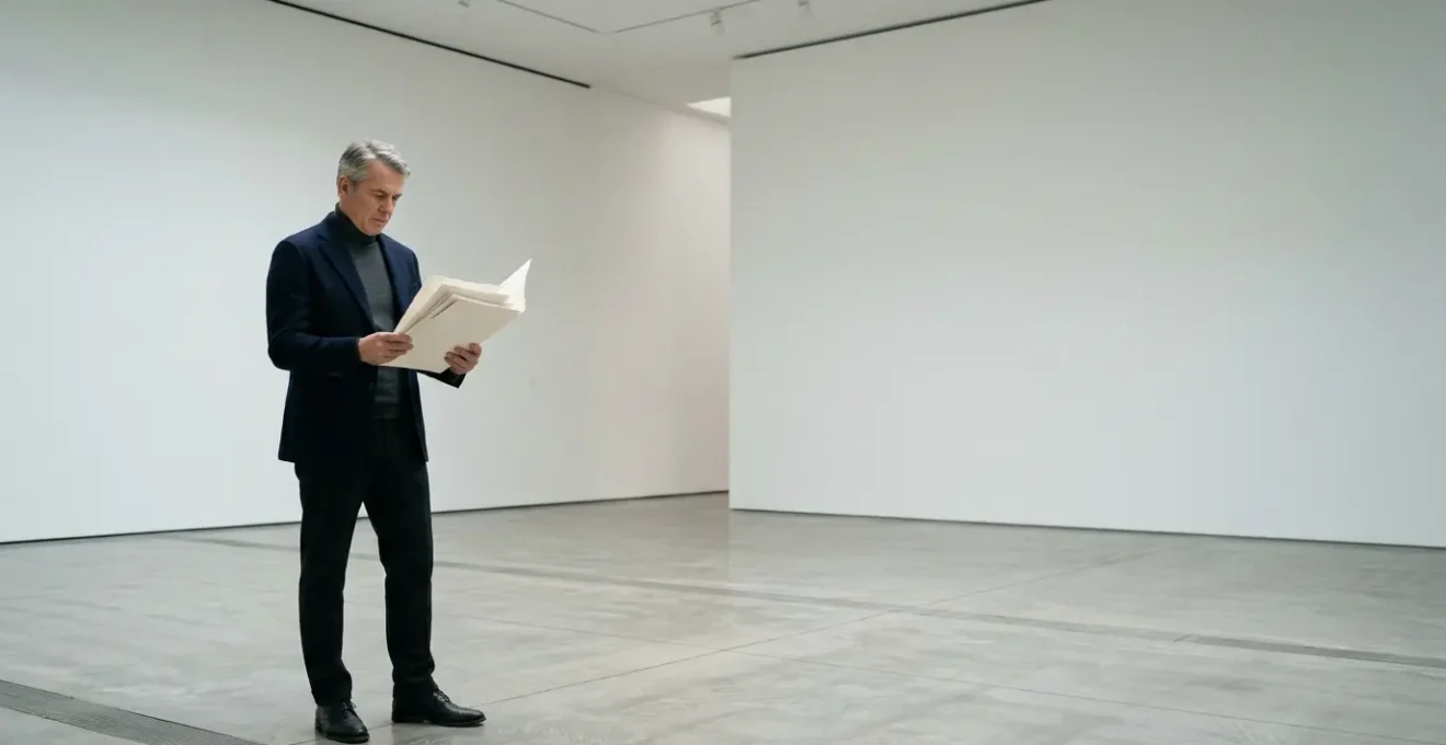 Collector examining conceptual art documentation in minimalist gallery space