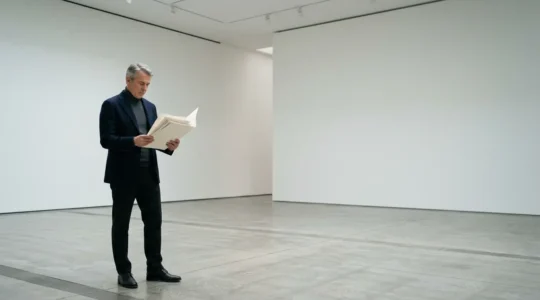 Collector examining conceptual art documentation in minimalist gallery space
