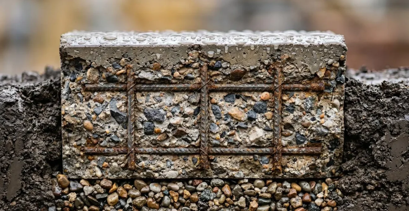 Cross-section view of concrete plinth with French drain system and reinforcement grid for bronze sculpture