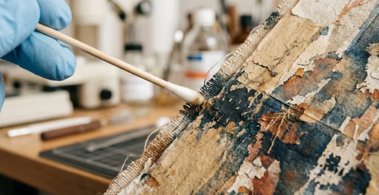 Art conservator performing solvent testing on mixed-media artwork in laboratory