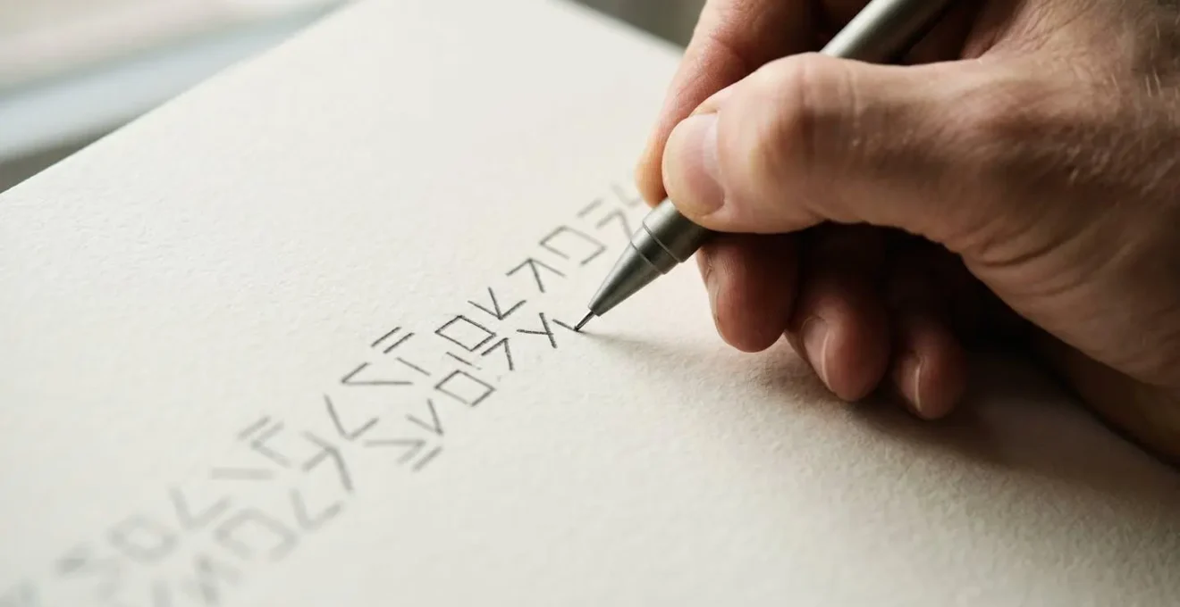 Close-up of hands writing choreographic notation symbols on paper with pencil