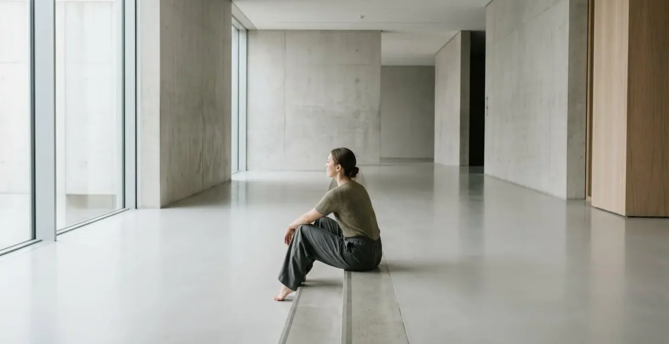 Dancer in contemplative solitude surrounded by minimal environmental space symbolizing identity transformation