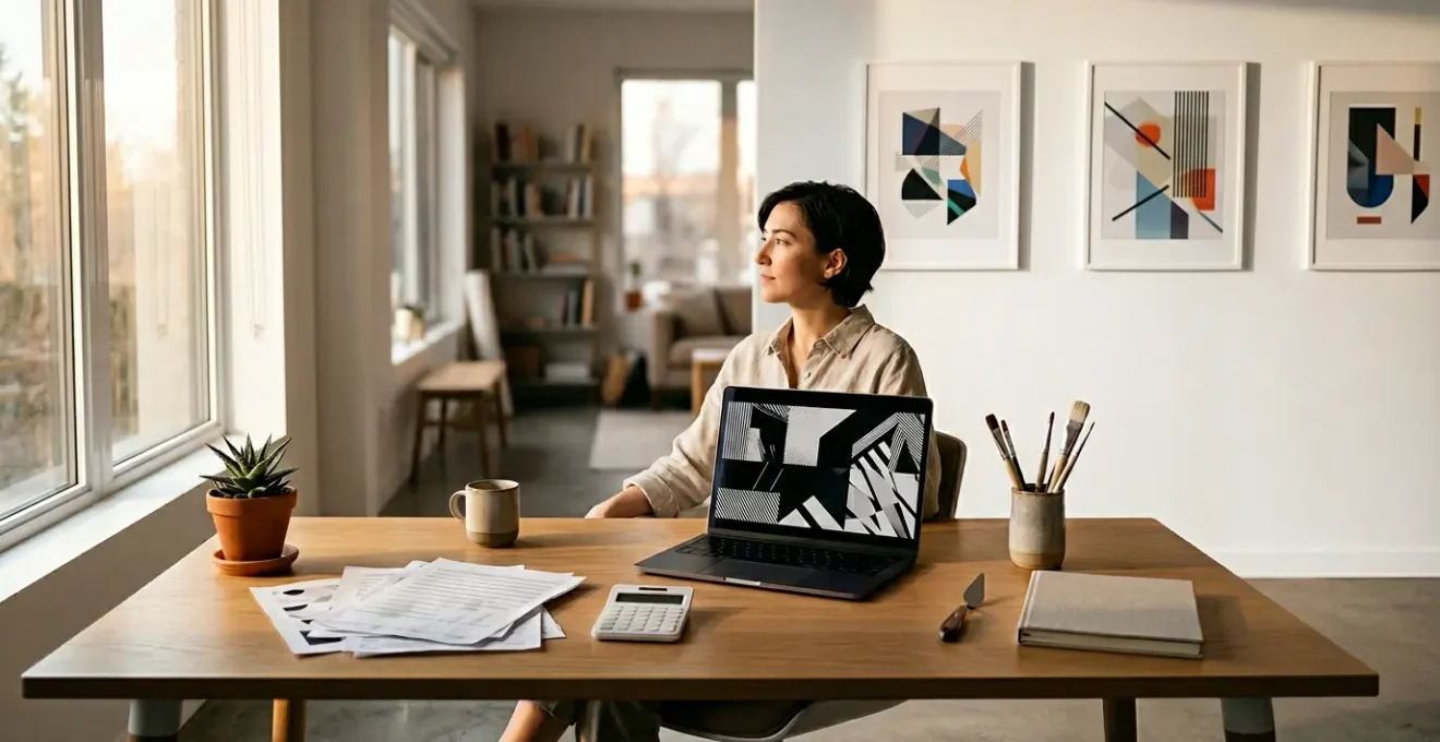 Digital artist workspace with tax documents and cryptocurrency art displays