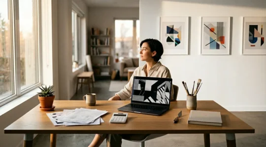 Digital artist workspace with tax documents and cryptocurrency art displays