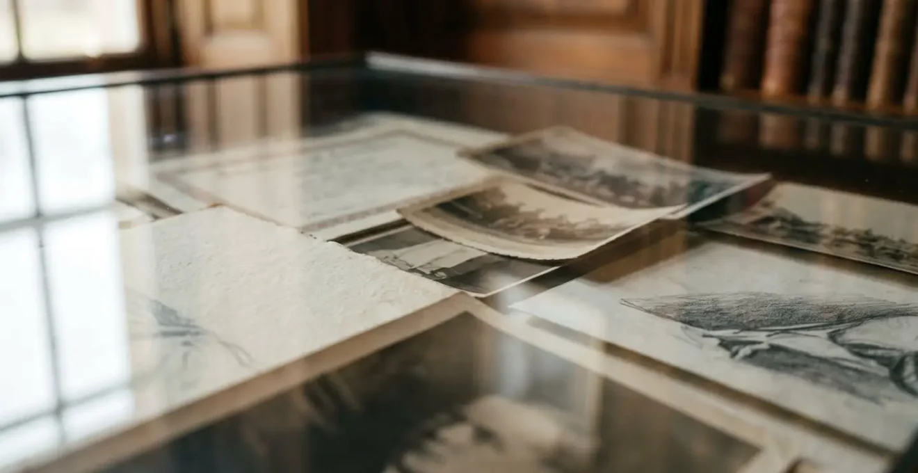 An elegant glass vitrine in a home library, displaying archival art documents like certificates and sketches.