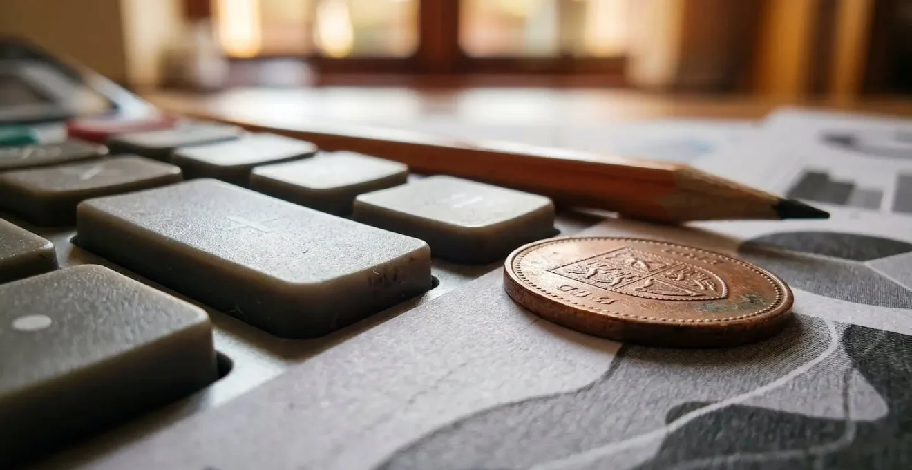 Calculator and cryptocurrency exchange rate charts on desk
