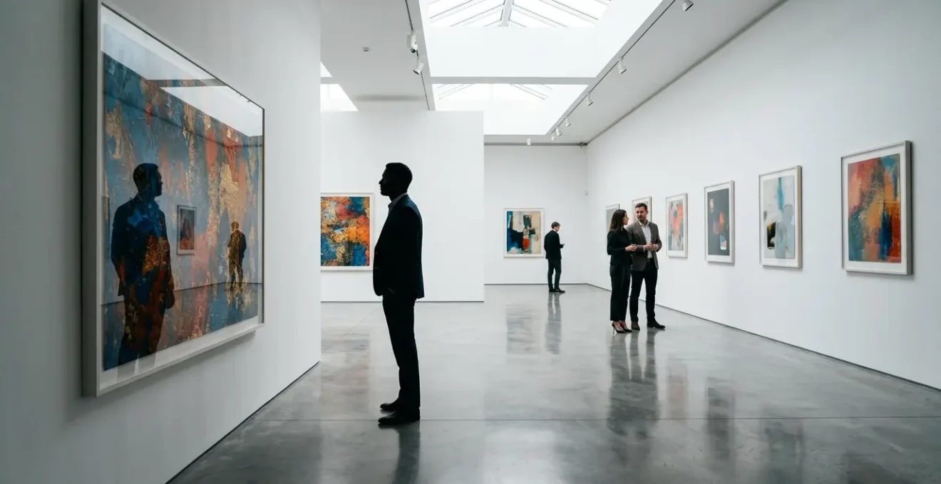Professional art gallery interior with collectors examining contemporary paintings and prints
