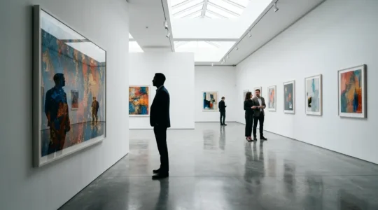 Professional art gallery interior with collectors examining contemporary paintings and prints