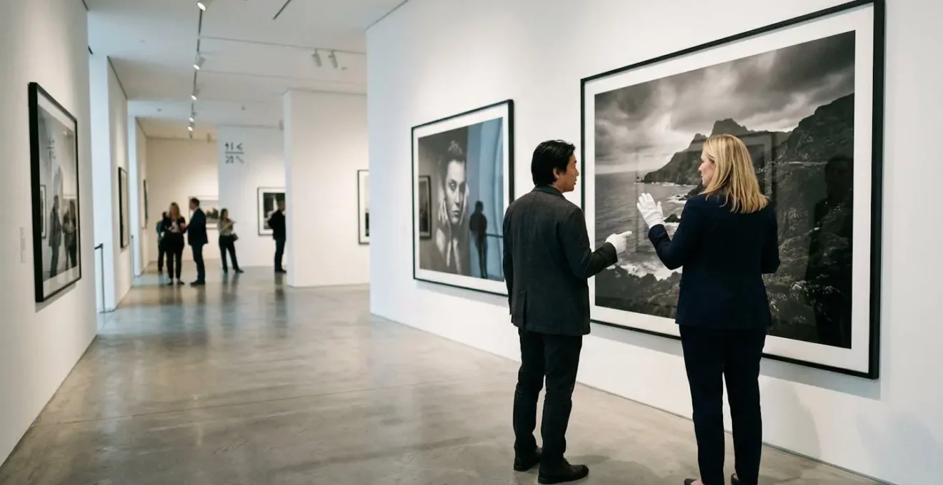 Professional gallery displaying fine art photography prints in various sizes with collectors examining the works