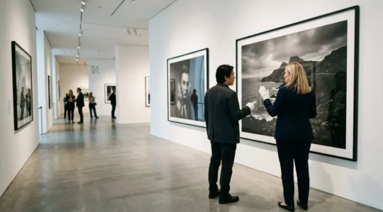 Professional gallery displaying fine art photography prints in various sizes with collectors examining the works