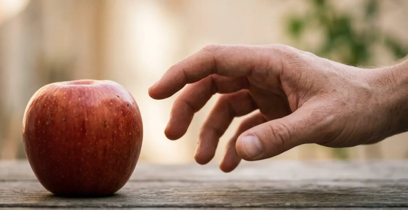 Close-up of performer's hands reaching toward an object with charged stillness and focused intent