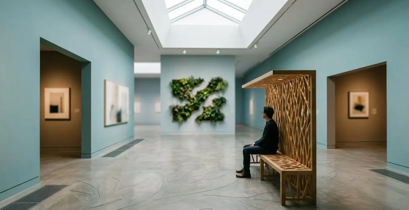 Contemplative museum visitor in thoughtfully designed gallery space promoting mental wellbeing