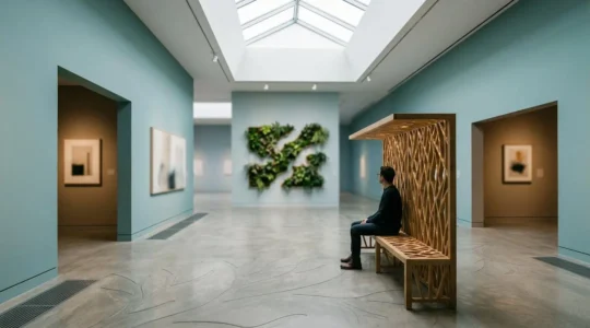 Contemplative museum visitor in thoughtfully designed gallery space promoting mental wellbeing