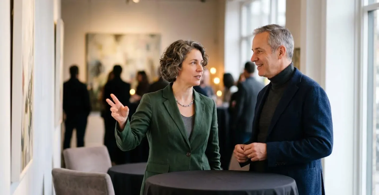 Art gallery opening reception with intentional spatial design facilitating genuine collector conversations and relationship building