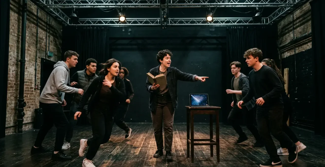 Young diverse theater director working with Gen Z actors in a contemporary rehearsal space, blending classical and modern elements