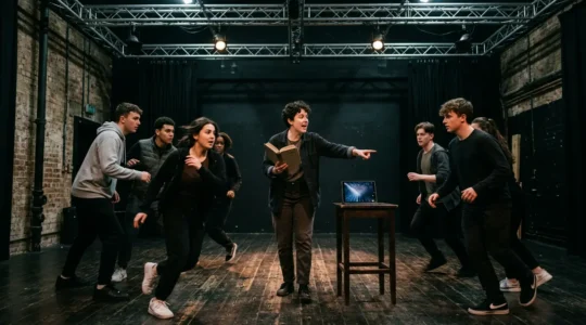 Young diverse theater director working with Gen Z actors in a contemporary rehearsal space, blending classical and modern elements